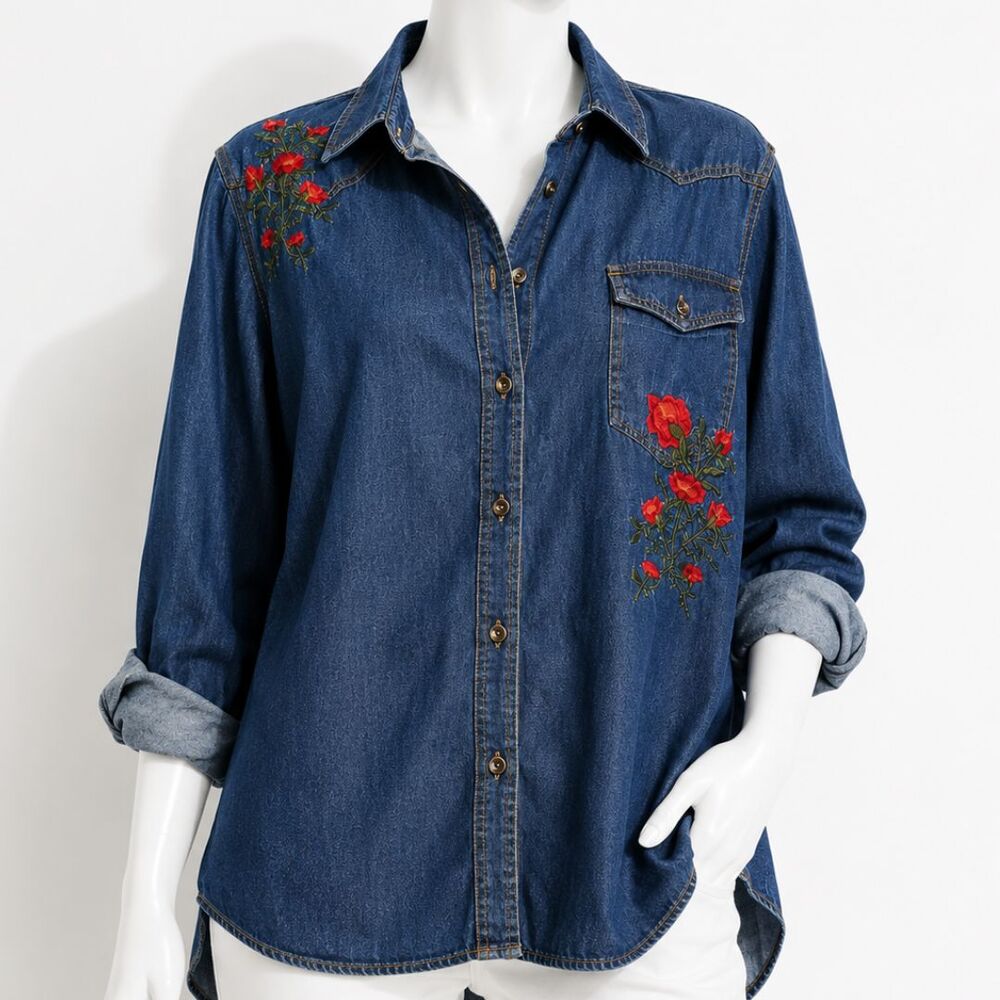 Workshop Republic 0X 12W/14W Embroidered Roses Denim Shirt Button Front Western